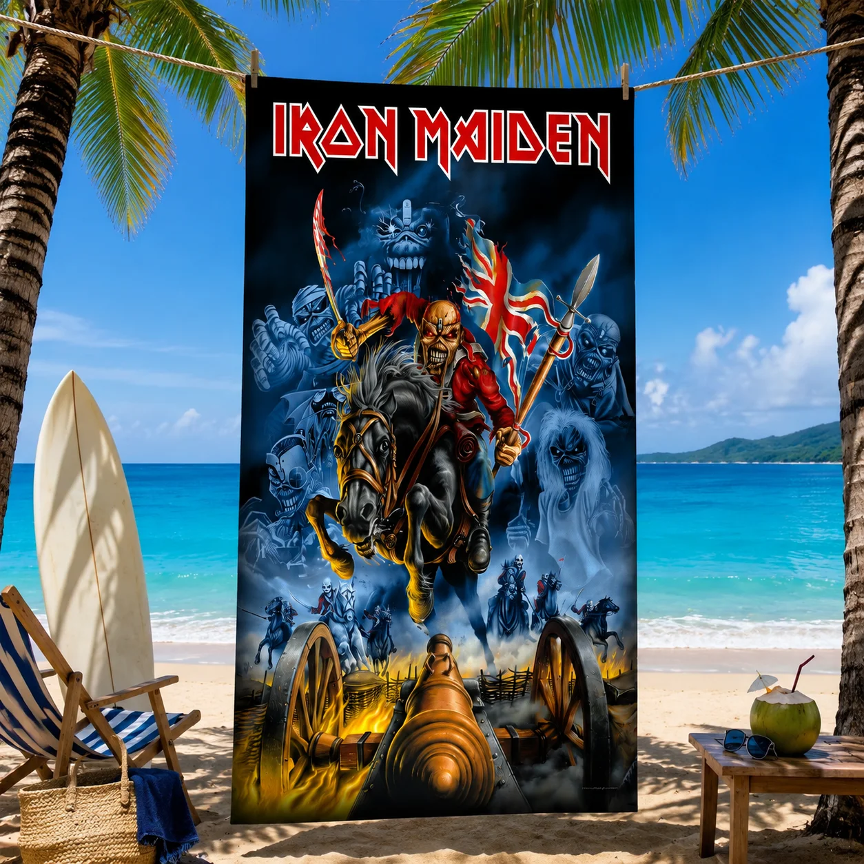 Iron Maiden Battle Scene Beach Towel, Eddie Horseman Cannon Art Print Microfiber Quick Dry Towel for Beach Pool Gym Heavy