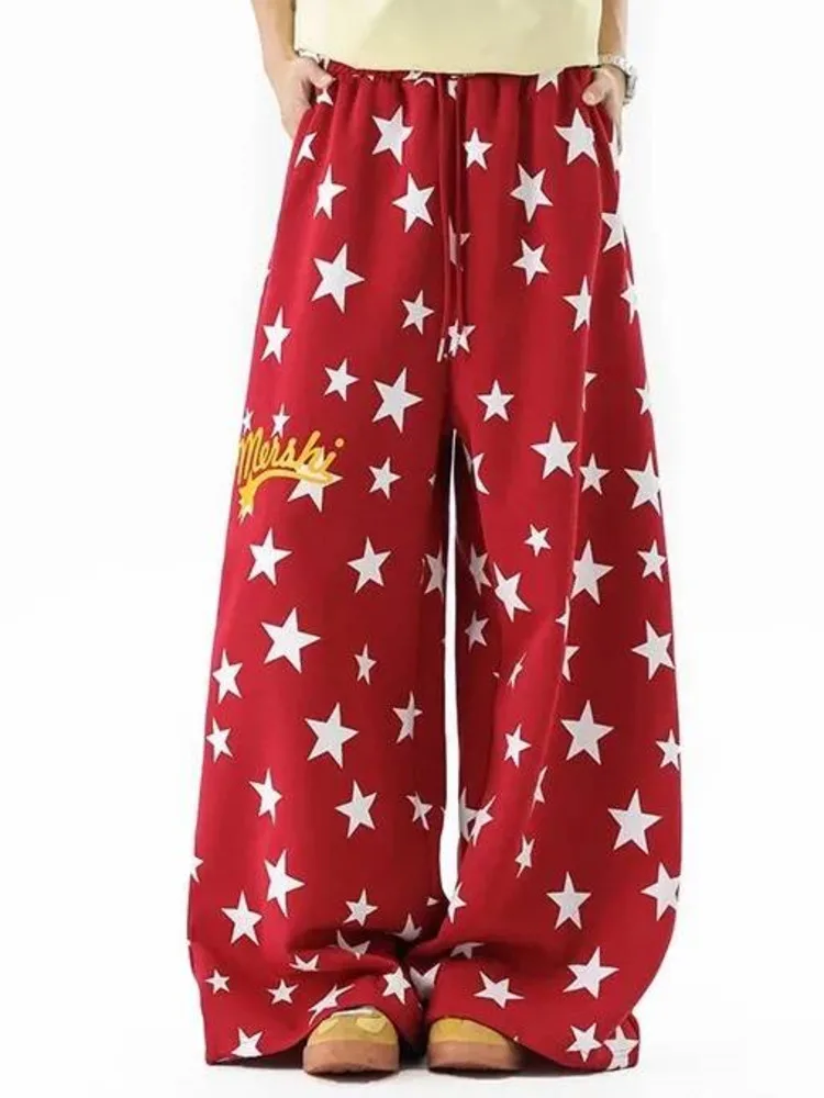 Men's Wide Refined Leg Pants American Style Casual Star Print Drawstring Waist Loose Streetwear Long Trousers G98H