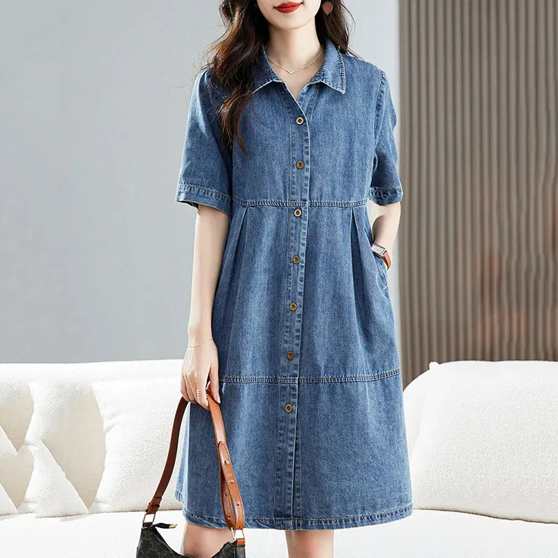 

Denim Dress Women Summer 2025 New Casual Short Sleeve Jean Dress Lady Retro High Waist Single-breasted Dress Ladies Vestidos