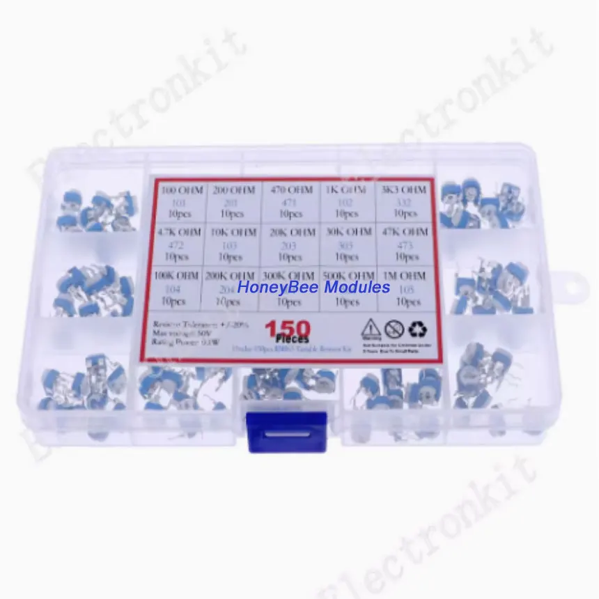 150pcs 10pcs each of 15 types (100R-1M) RM065 Blue and White Adjustable Resistor Pack Blue and White Trimmer Horizontal Set