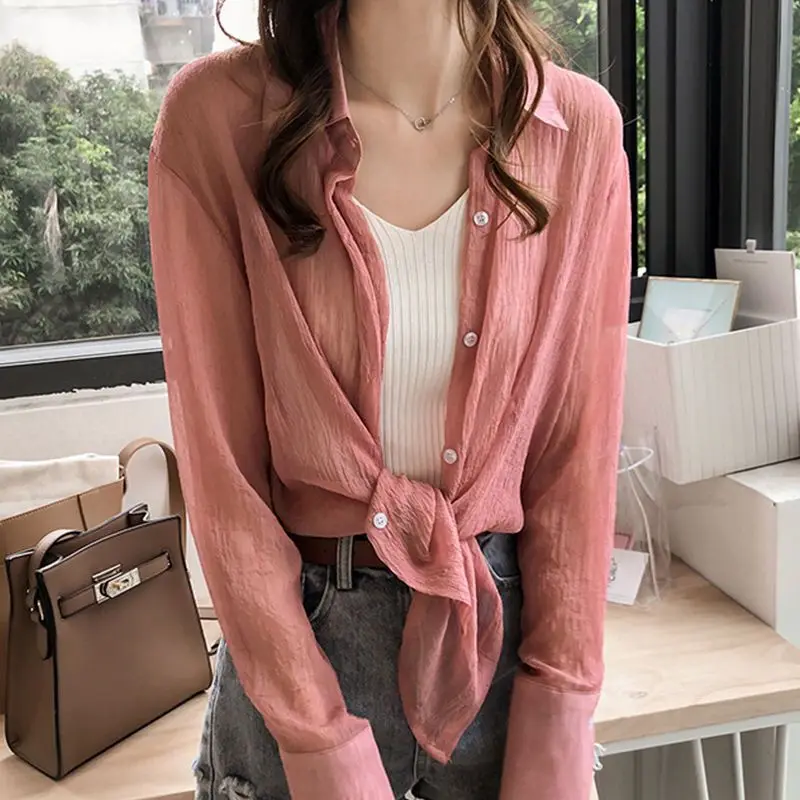 Summer New Thin Chiffon Short Top Shirt Long Sleeve Polo Neck Solid Color Loose Simplicity Blouse Casual Fashion Women Clothing