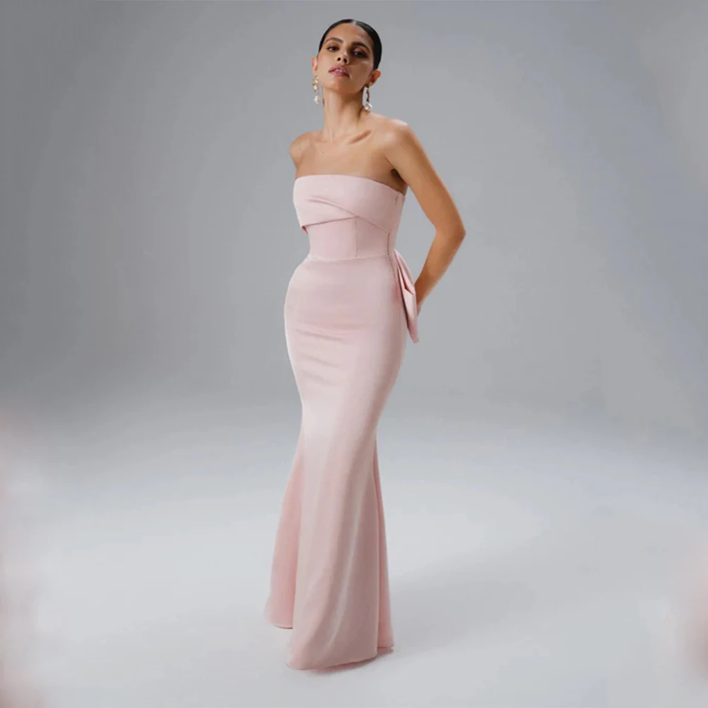 

Arya Elegant Classic Pink Evening Dress Jersey for Floor-Length Strapless Sleeveless Prom Dress Bow Robe De Soirée Customized