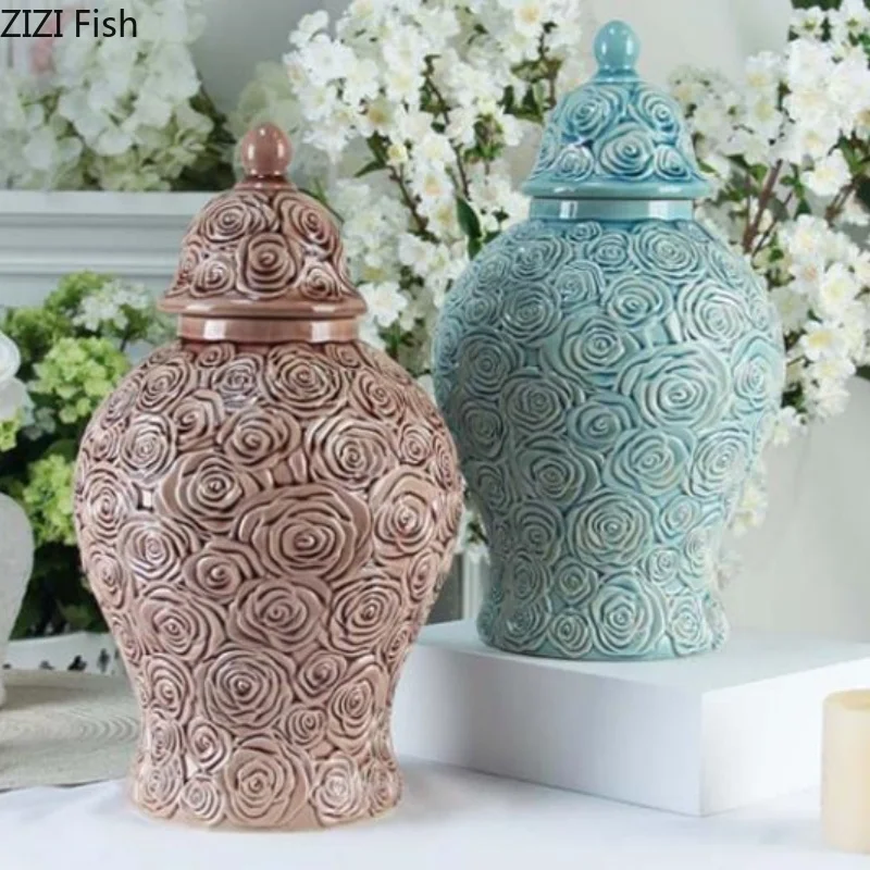 Flower Ceramics Storage Tank Storage Bottle Ornaments Decorative Jar Dried Flower Vase Storages Jar Desktop Organizer Crafts