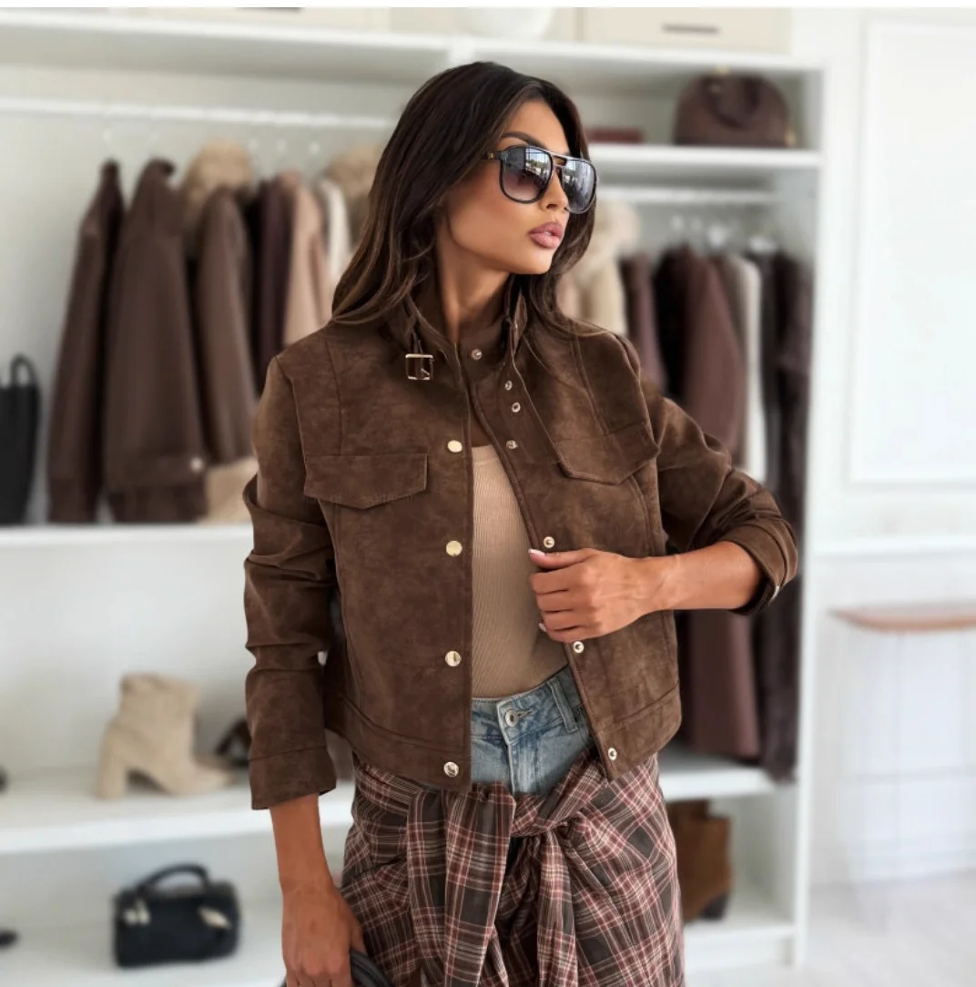 Basic Jacket Cropped Zip Women Coat Fleece Jacket Flight Suit Top Button-Down Collar Pockets 2025 Autumn Denim Jacket Women