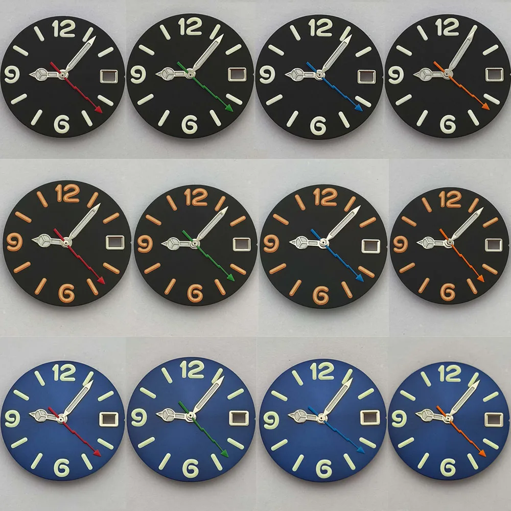 Esfera de reloj esmerilada de 28,5mm, esfera luminosa verde, esfera de calendario único + manecillas de reloj para movimiento NH35 NH36 4R 7S