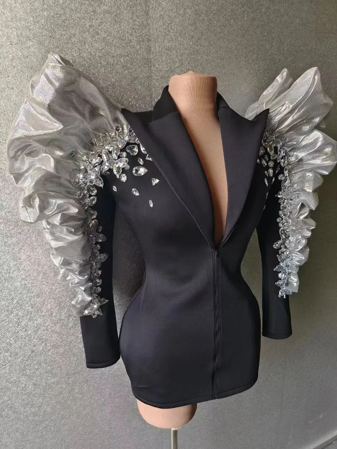 Veste Noire à Paillettes et Strass pour Chanteuse et Danseuse, Costume de brevJazz et Discothèque, Vêtement de Scène Sexy à Grandes Manches