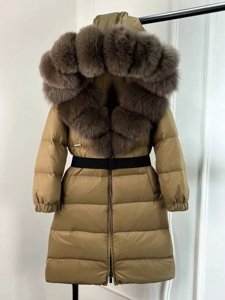 Janveny New Natural Thick Warm 90% White Duck Down Coat Long Winter Jacket Women Real Big Fox Fur Collar Belt Loose Puffer Parka