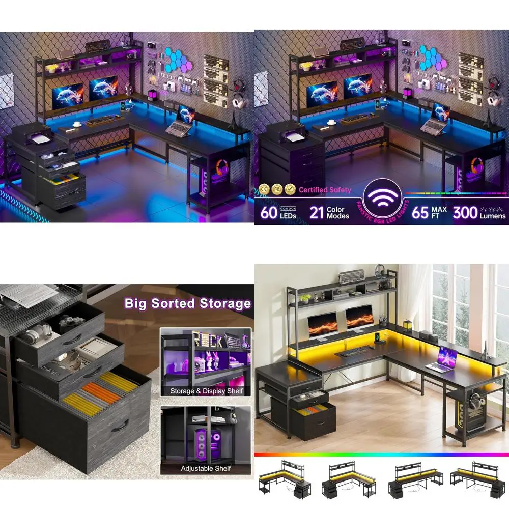 مكتب على شكل حرف L لشخصين مع قفص، 64 × 60، تصميم زاوية قابل للعكس لتخزين الشاشة والأدراج #1