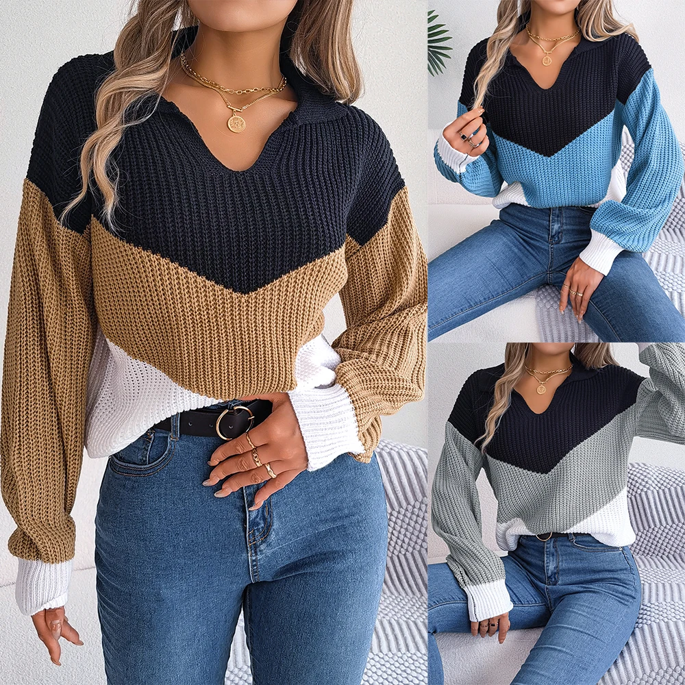 Patchwork Color Lantern Long Sleeve Knitted Sweater Women Casual Pullovers Autumn Winter 2023