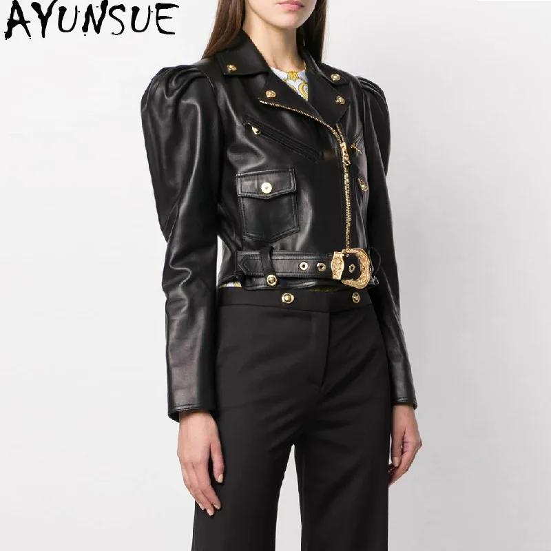 

YUNSUE куртка из натуральной кожи, женская куртка из натуральной овчины, мотоциклетное пальто с поясом, осенняя одежда, облегающая, 2021, короткий стиль Jaqueta De Couro