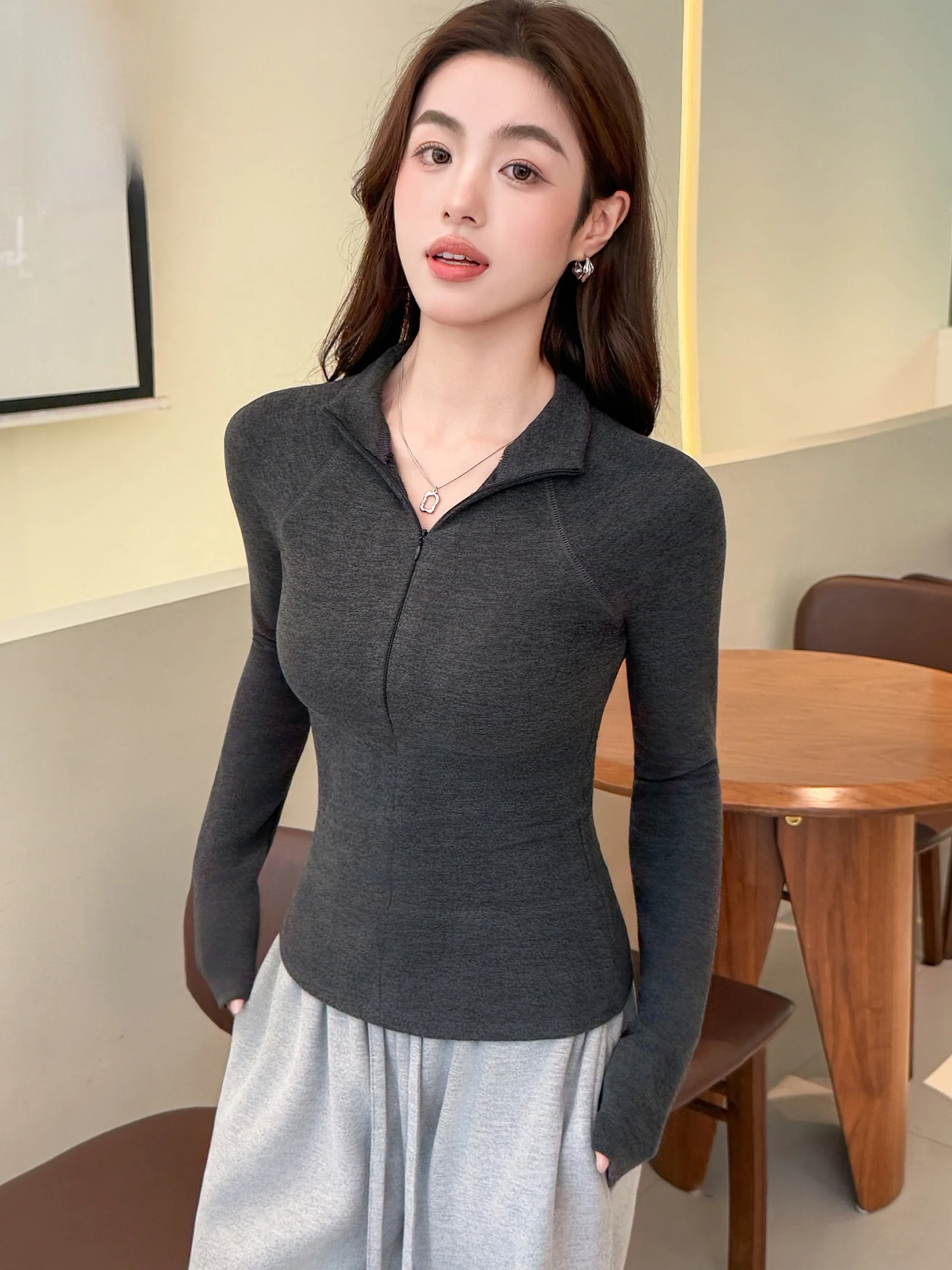 

ay High Ne Down Jaet Base irt Женская осенне-зимняя длинная футболка на молнии Slim Fit Повседневная футболка