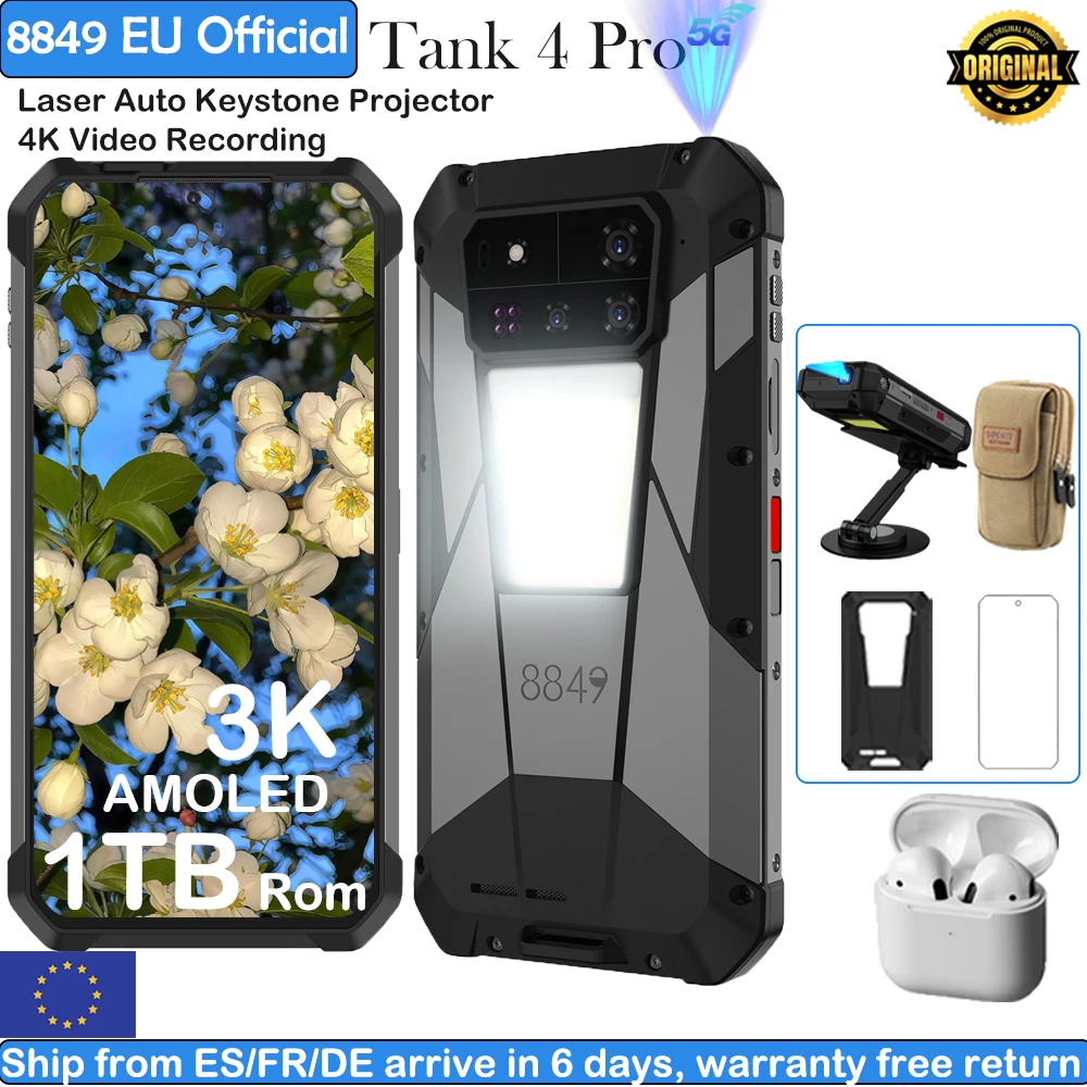 8849 Tank 4 Pro Unihertz 5G AI projecteur robuste Smartphone 1 to + 36G dimension 8300 AMOLED 3K Android 14 6.78 ''120 HZ 11600 mAh