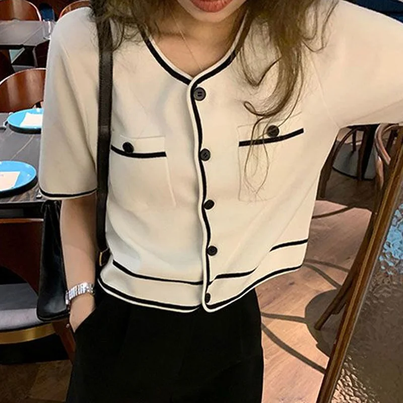 2024 New Fashion All-match Short Sleeve Women\'s Clothing Summer Slim Office Lady Cardigan Tops Solid Color Sweet Coat Blouses