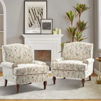 Image Modern Upholstered Accent Chair with Retro Wood Legs, Removable Cushion Comfy Armchair Leisure Single Sofa Chair,Set of 2