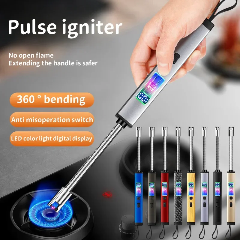 Metal Type-C Charging LED Display Pulse Arc Flameless Lighter Outdoor Windproof Portable Kitchen Candle Aromatherapy Lighter