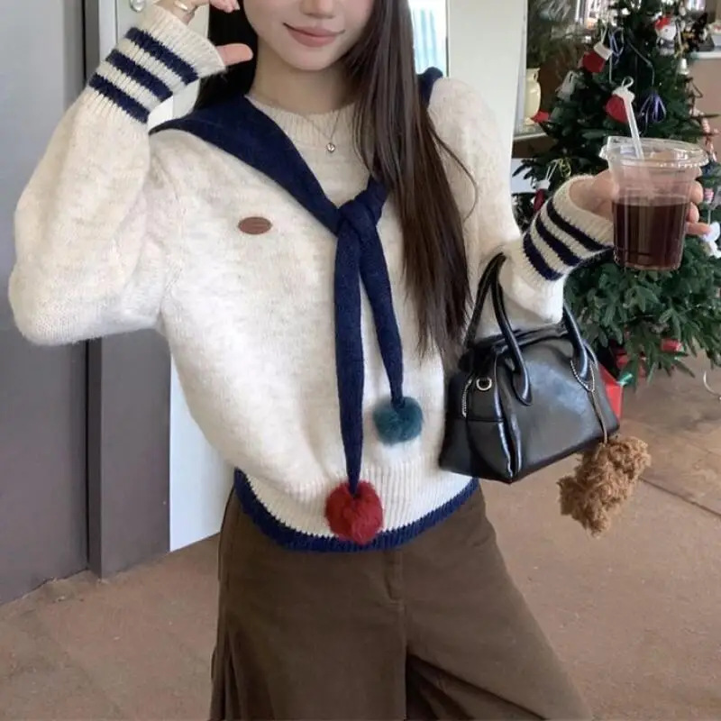 

Весенне-осенний новый вязаный пуловер с шалевым воротником, универсальный женский свитер с круглым вырезом контрастного цвета, хлопковый вязаный свитер