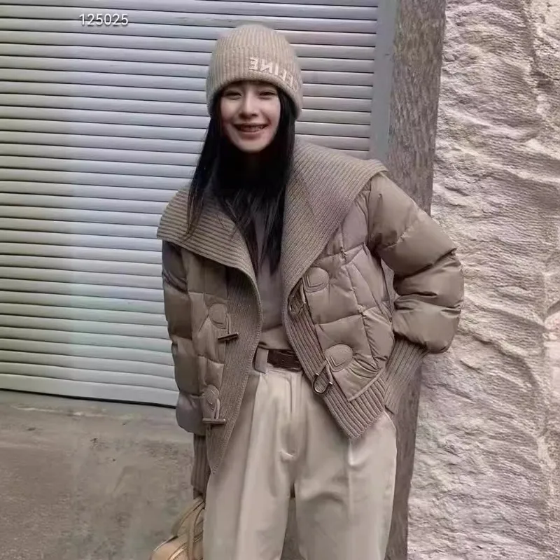 Women's Knitted Patchwork Down Jacket Winter New Style Fashionable Youthful Versatile Large Lapel White Duck Down Outerwear
