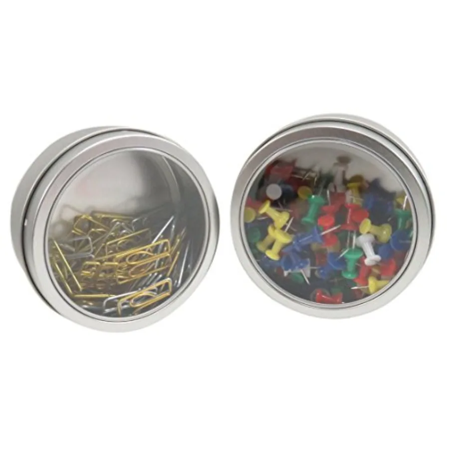 

Magnetic Round Paper Clip Holder Container Case Organizer 3.5 x 1.5 Clear Silver Set of 2