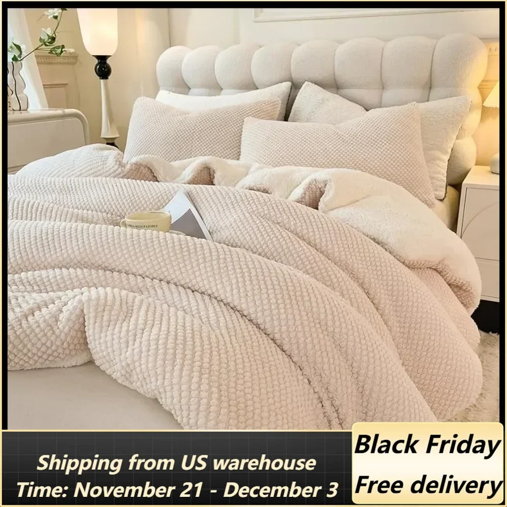 Juego de 3 piezas de ropa de cama de lujo con 2 fundas de almohada de 90 "x 90", diseño 3D Jacquard, felpa de piel Sherpa, Ultra suave y cálida, color blanco crema