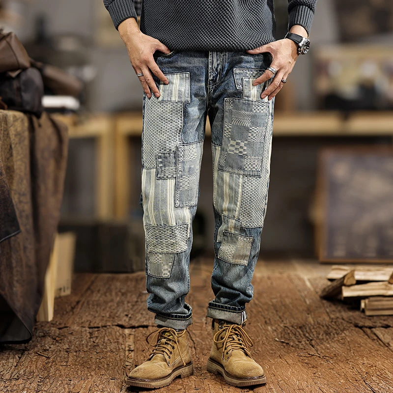 

JXNH123 American Gangster splicing patch men's jeans spring tide Slim straight trousers washed vintage colour