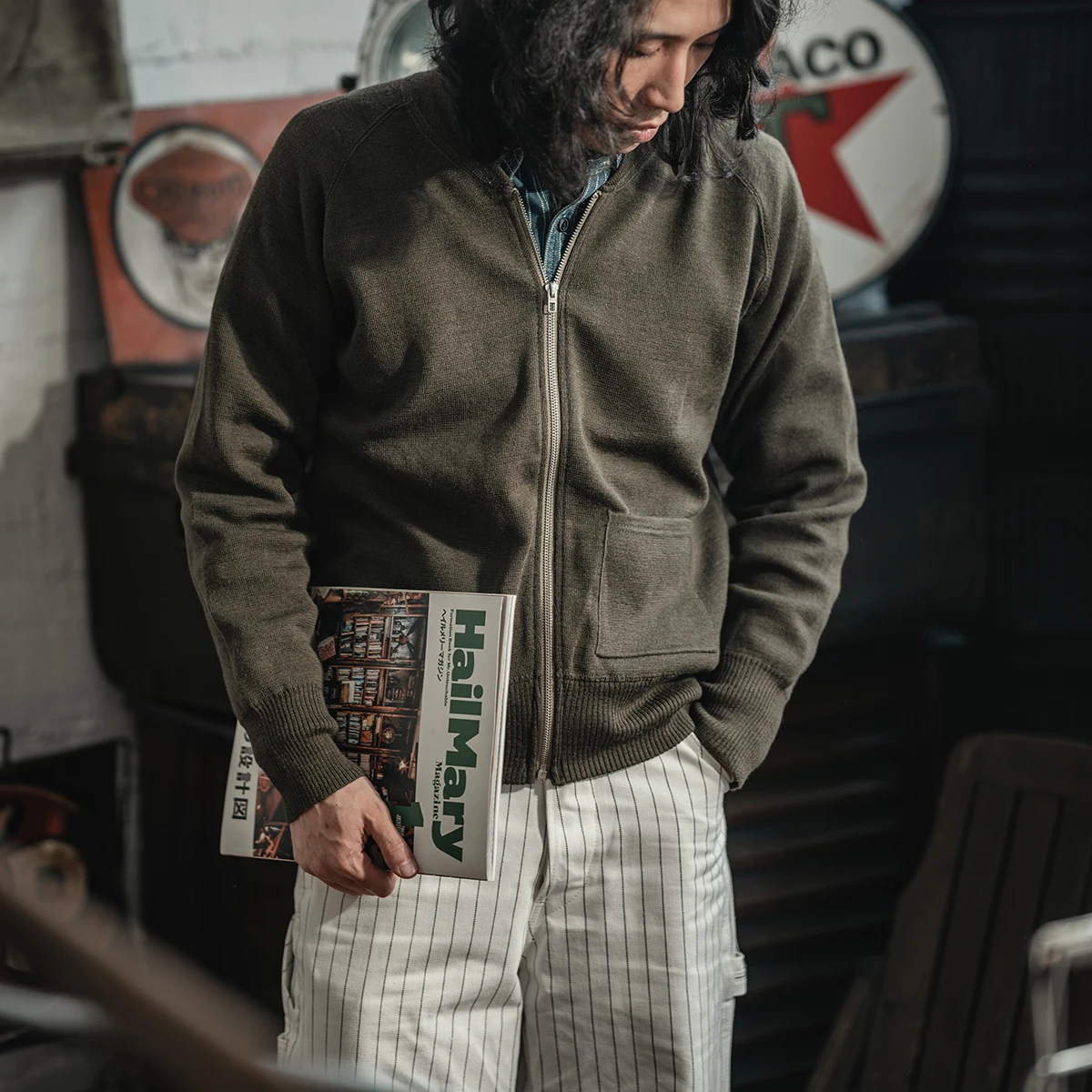 Cárdigan de Lana Tejida con Cierre para Hombre, Marca Red Bronson, Color Verde Oliva, Estilo Retro de la Segunda Guerra Mundial, Manga Larga, para Uso Casual