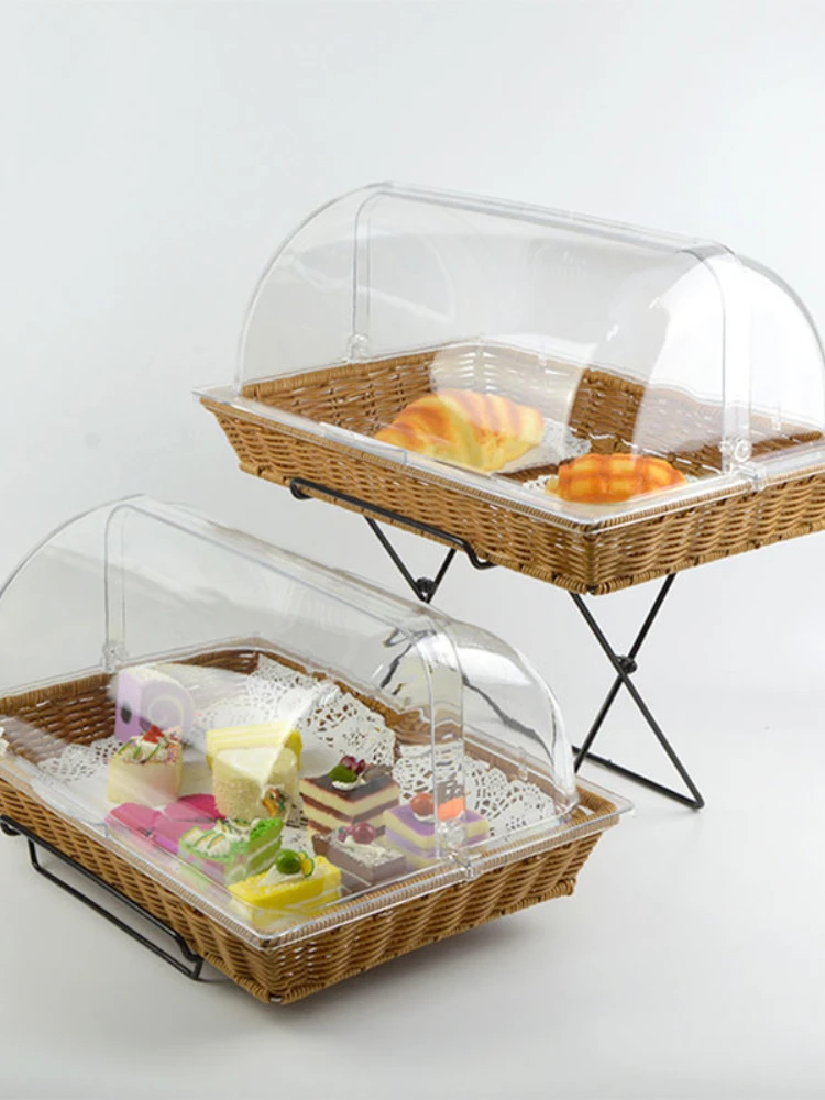 Double-Layer Rattan Woven Bread Basket Bamboo Woven Bread Basket with Lid Transparent Dust Cover Tray Pastry Dessert Display