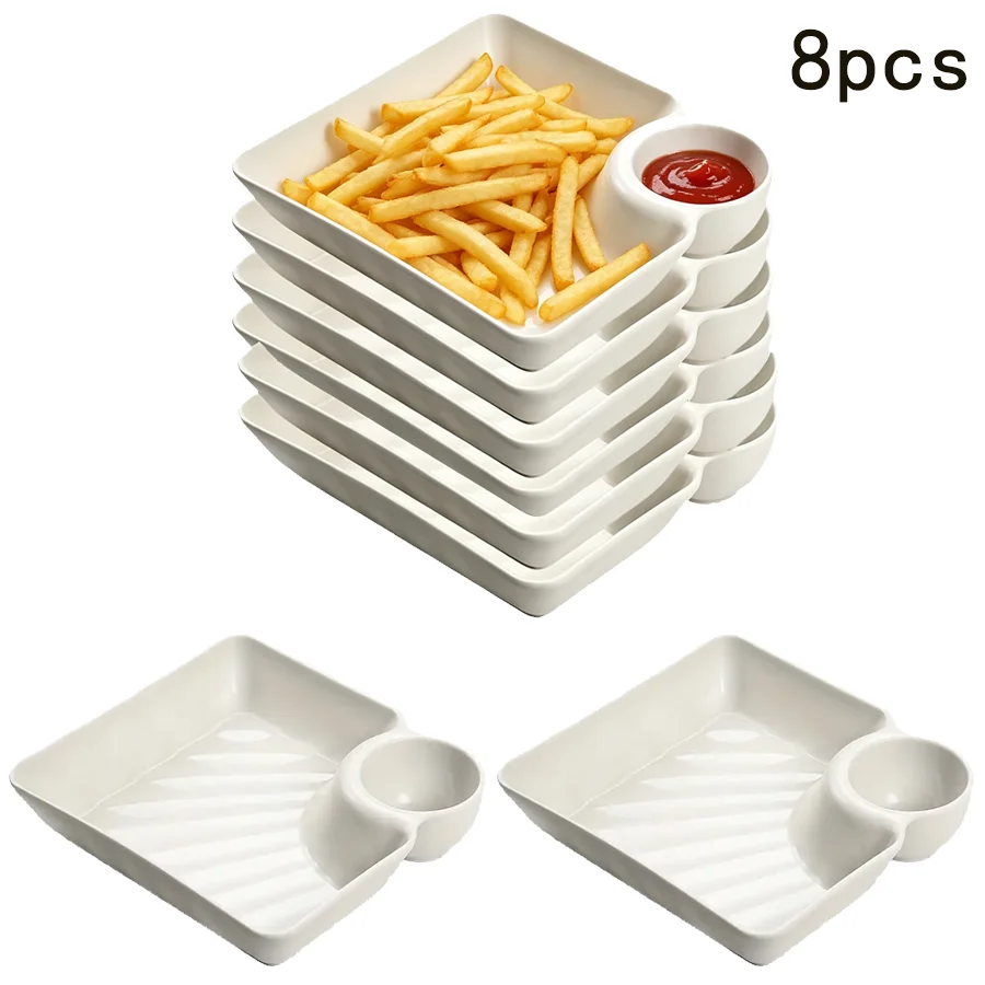 Ensemble de 8 assiettes carrées pour raviolis, ensemble de plateaux de service en plastique avec compartiments pour sauces, plats pour frites et autres aliments, plateau de style japonais