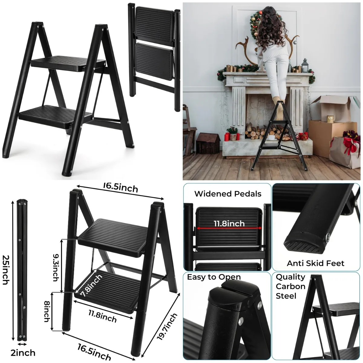 

2-Step Folding Ladder, 330 lbs Capacity, Anti-Slip Pedal, Lightweight Black Steel Step Stool for Home, Kitchen, Office