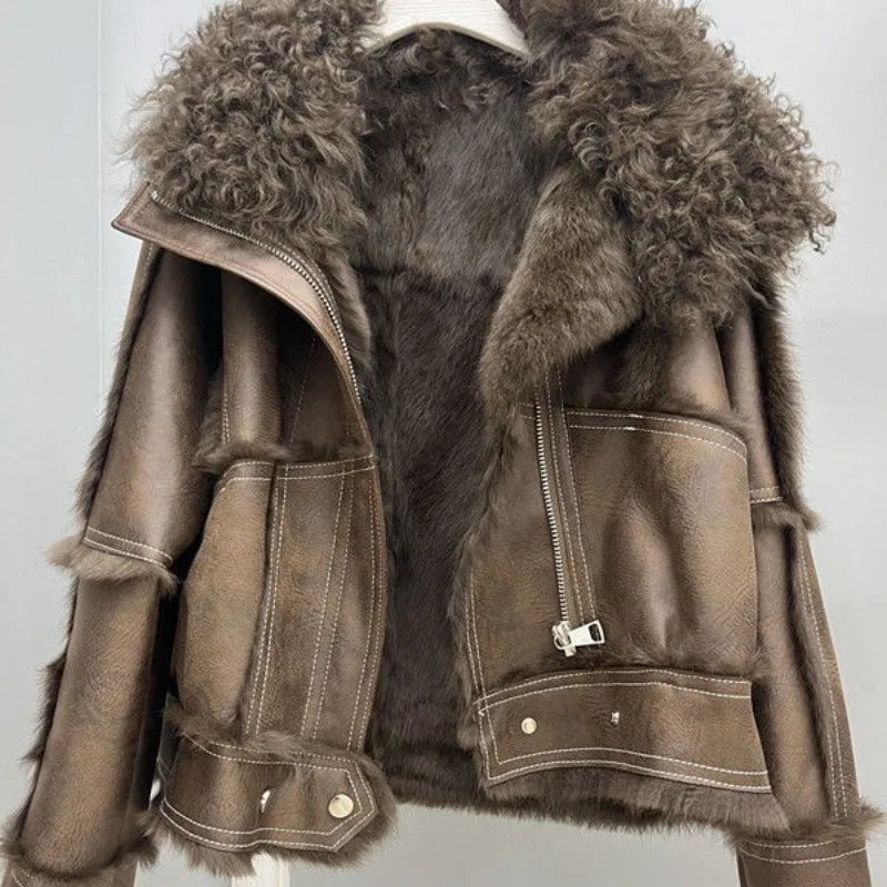 Winter New Korean-style Faux Rabbit Fur and Faux Fur Coat for Women Short Copy Beach Wool Collar and Thickened Coat in One Piece