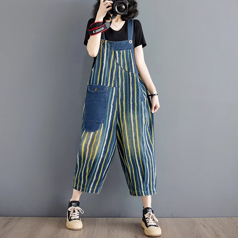 Summer New Loose plus Size Denim Print Multi Pocket Color Block Seven Inch Overalls Women Fat MM Cotton Thin Model