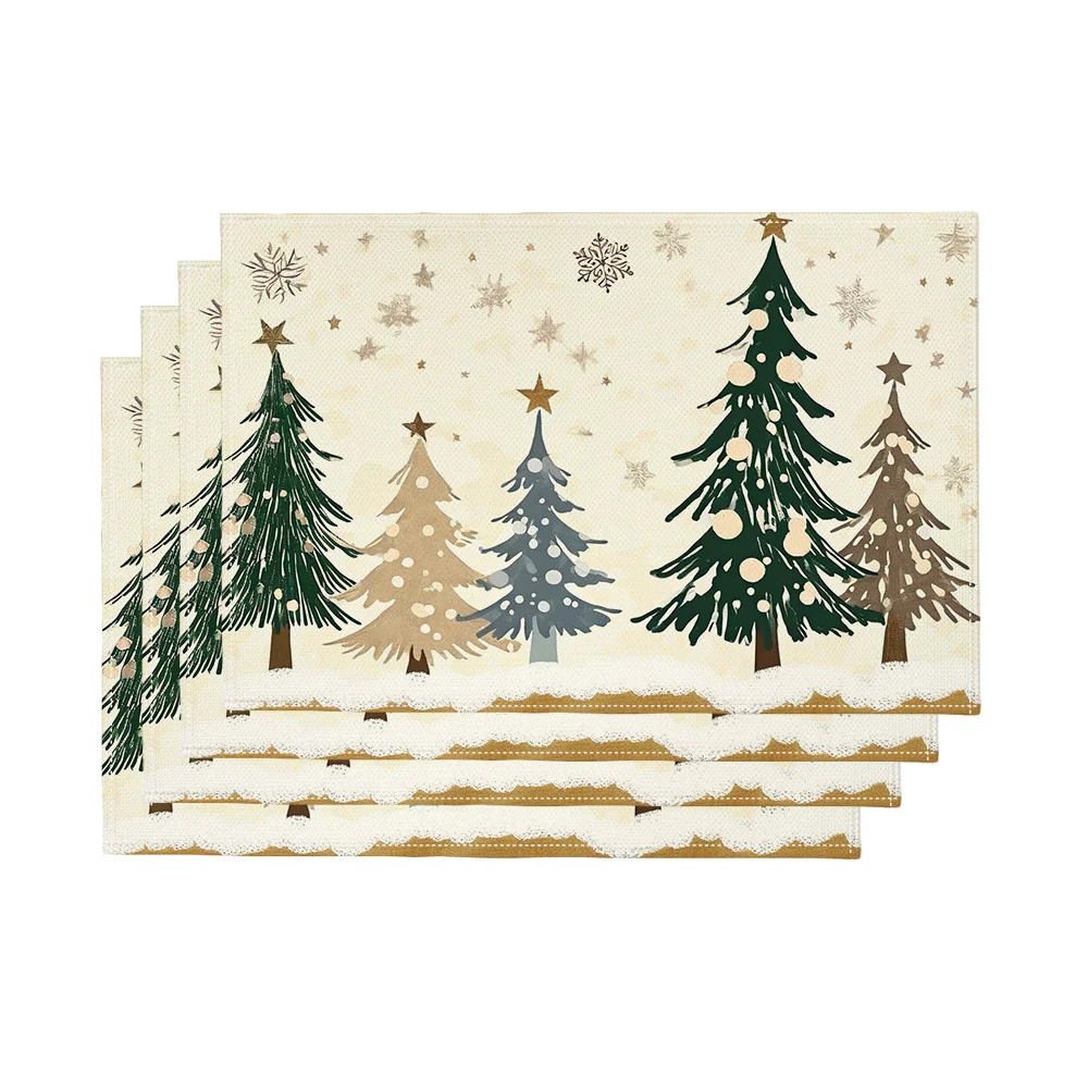 4pcs Winter Snowflake Pine Tree Placemats Set Beige Green Christmas Table s with Golden Stars Soft Beige Background
