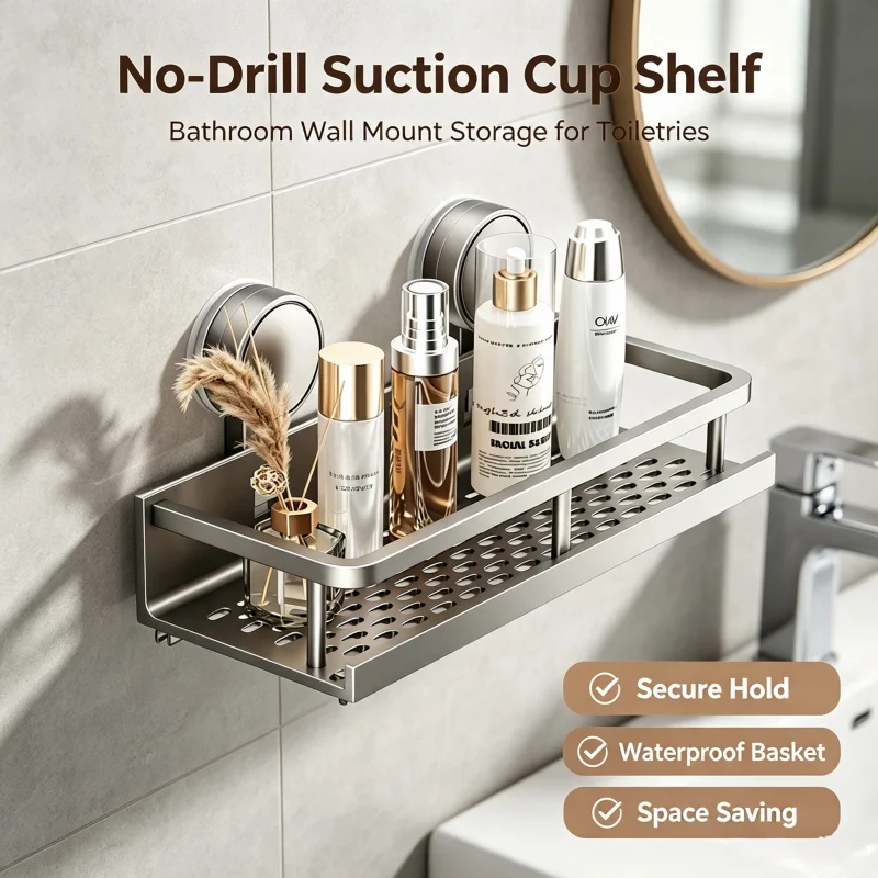 Suction Cup Bathroom Shelf,No Drill Wall Mounted Shower Organizer for Toiletries,Adhesive-Free Toilet Storage Rack for Washbasin