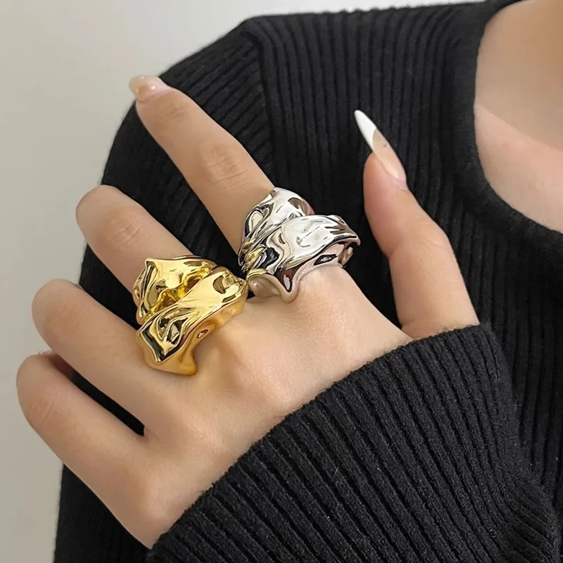 Chunky Irregular Lava Texture Ring Gold Silver Tone Abstract Sculpture Open Ring Exaggerated Wide Statement Ring For Women