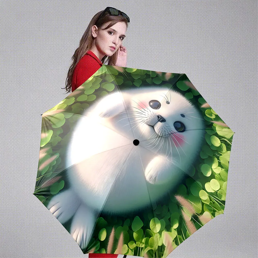 Adorable Seal Illustration with Green Nature Background Umbrella Portable Folding Umbrella, Gift for Family And Friends