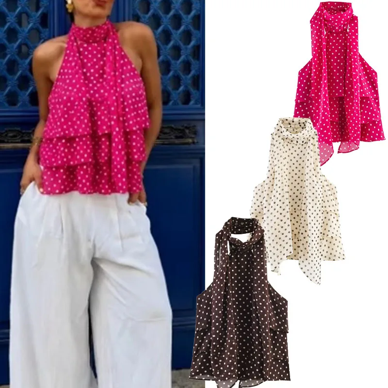 

2026 Summer New Women's Clothing Launch Polka Dot Layered Halter Vest Resort Style Beach Outfit Top