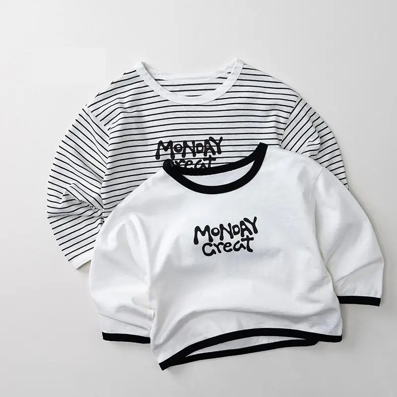 

2026 Spring New Children Long Sleeve T Shirts Girls Letter Print Bottoming Shirts Cotton Kids Clothes Boys Striped T Shirts