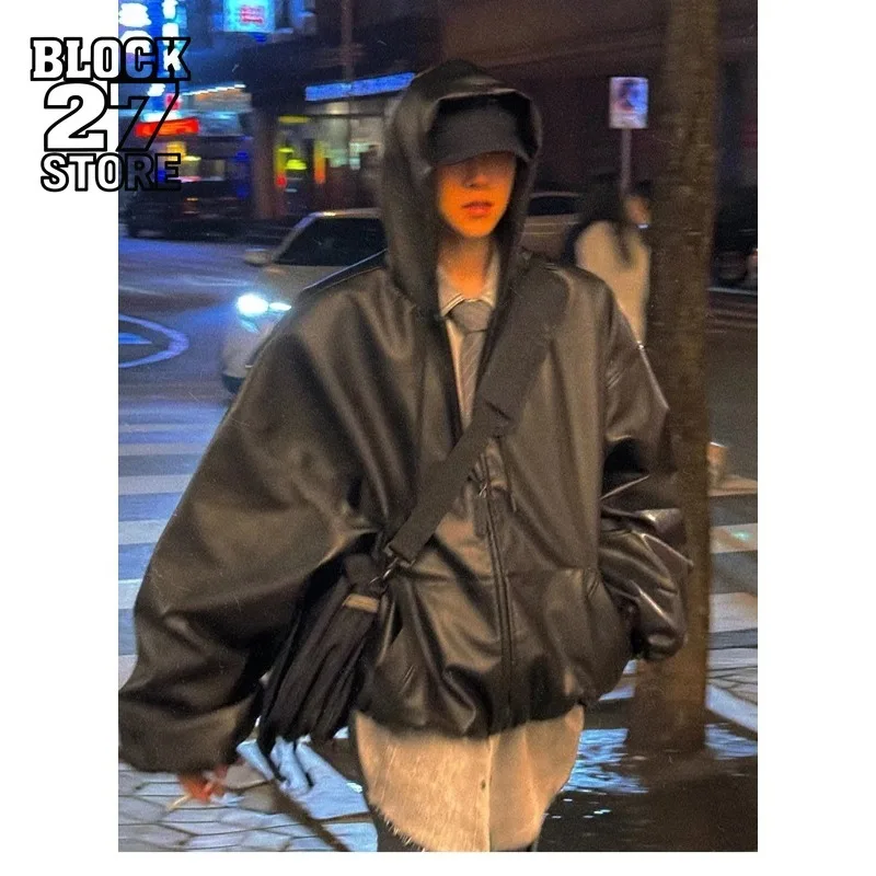 

Мужская кожаная куртка в Корейском стиле, короткая черная куртка на молнии из искусственной кожи с капюшоном, свободная повседневная зимняя уличная одежда в стиле ретро в стиле Харадзюку