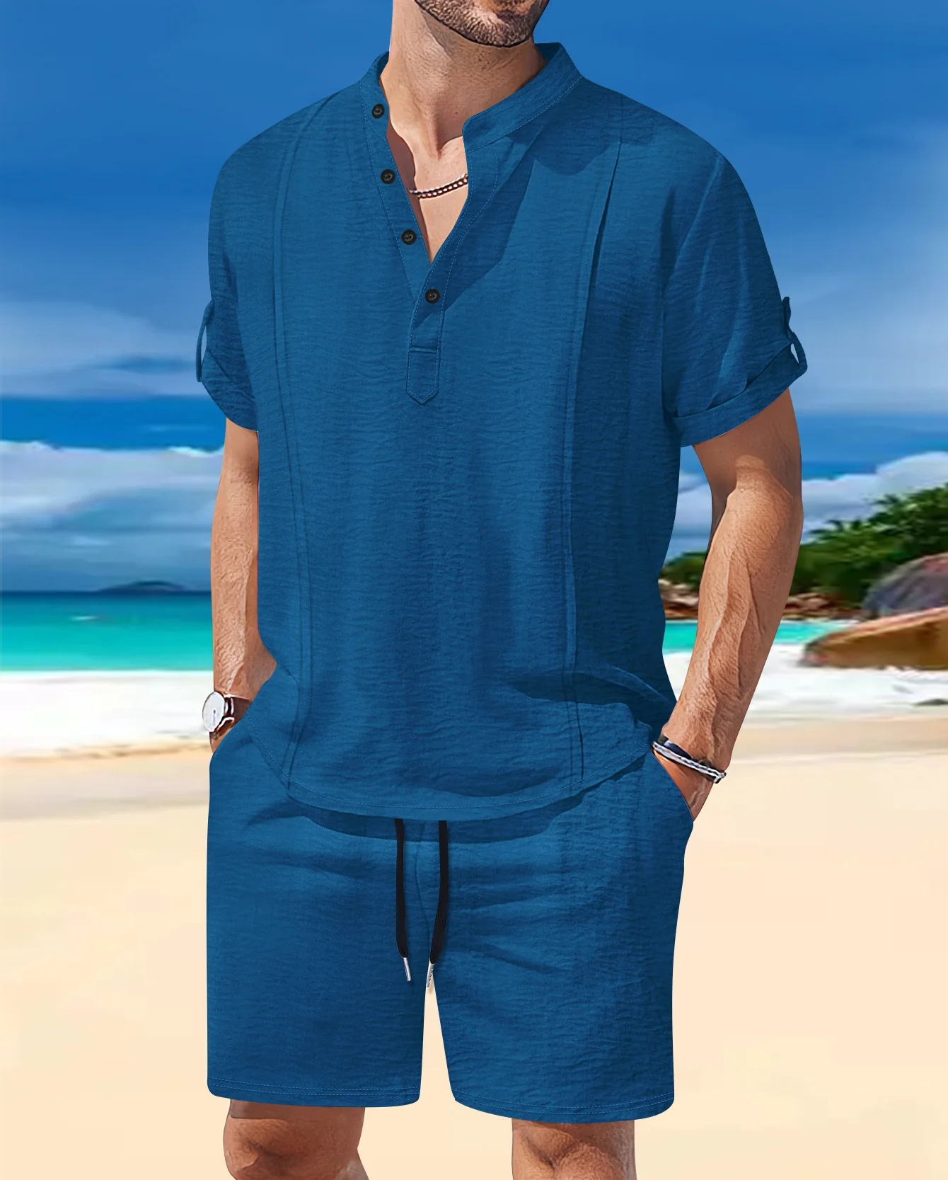 Men's Summer Casual Beach Set Fashionable Stand-Up Collar Button Top T-Shirt Shorts Short Sleeves Two-Piece Set