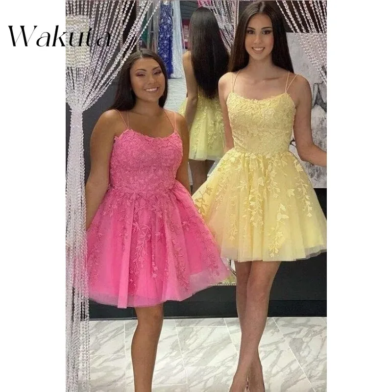 Wakuta elegante encaje apliques bata De regreso a casa para adolescentes sin mangas Vestidos De Noche modernos A-Line Glitter Vestidos De Graduación