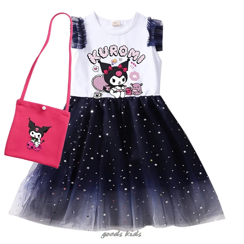 Lovely Kuromi Melody Print Dress Clothes Baby Girls Casual Dresses with Small Bag Kids Cartoon Wedding Party Princess Vestidos