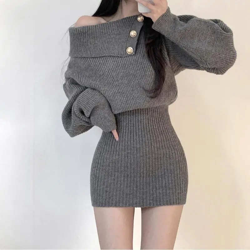 

Knitted Pullover Skirts Suits Women Off Shoulder Long Sleeve Pleated Sweater Temperament High Waist Skirt All-matching Outfits