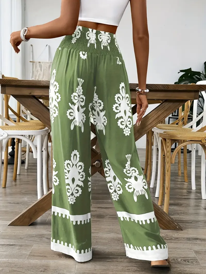 Taglie forti 1XL-5XL Pantaloni a gamba larga con stampa floreale moda donna Pantaloni lunghi larghi a vita alta con coulisse elegante casual femminile
