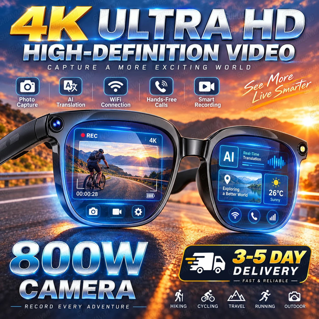 GUHUAVMI 2026 Occhiali Intelligenti AI con Fotocamera 8MP Foto HD Registrazione Video 1080P Traduzione in Tempo Reale Chiamate Musicali Bluetooth WiFi per Uomo Donna Viaggi