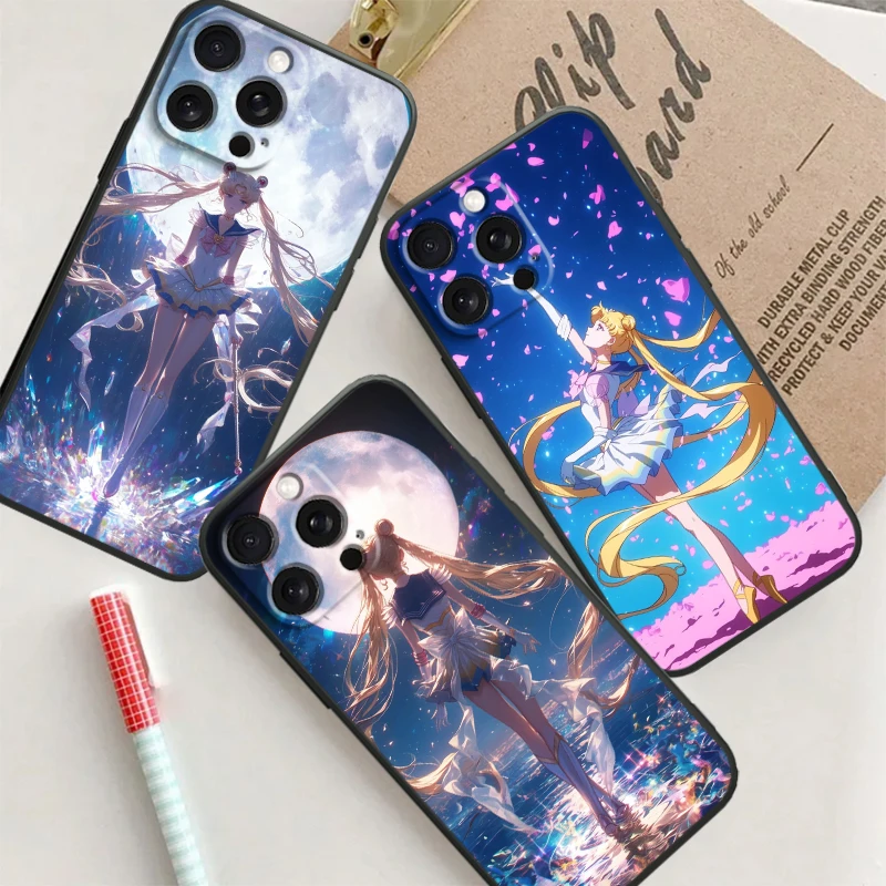 Sailor Moon Fashion Cute For iPhone 15 14 13 12 11 XS XR X 8 7 SE Pro Max Plus Mini Black Funda Phone Case