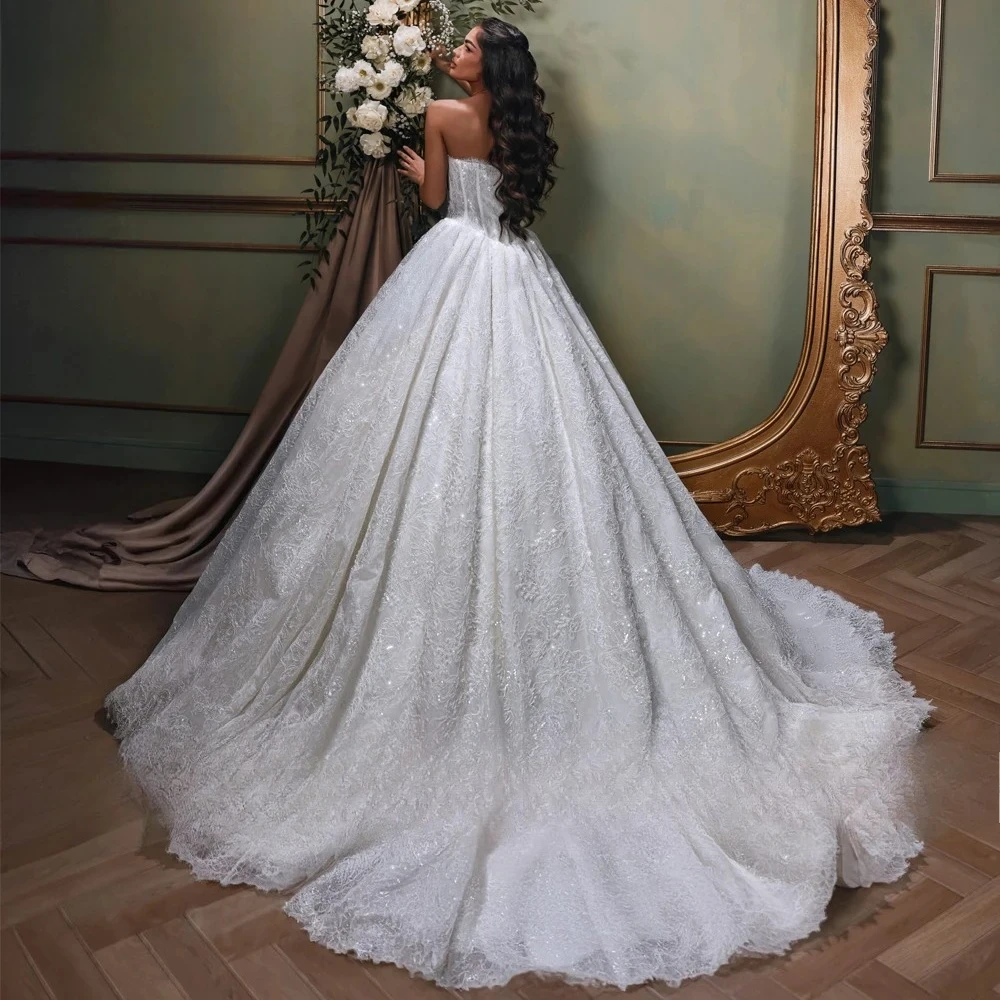 Customized Strapless Ball Gown Lace Wedding Dresses Beaded Bridal Gowns with Removable Lace Jacket
