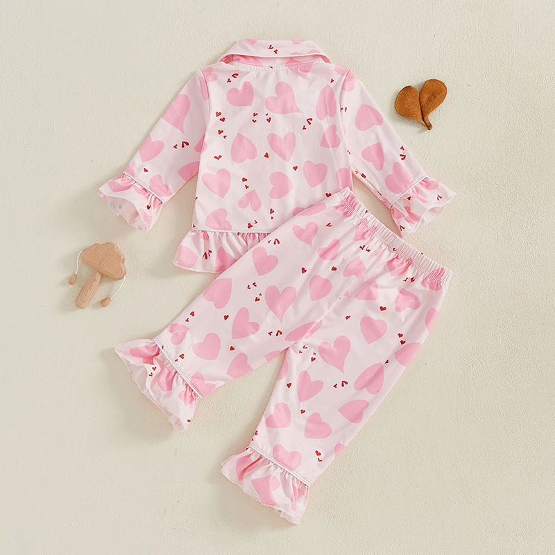 Kids Girls Pajamas Set Heart Print Long Sleeves Shirt and Elastic Pants 2 Pieces Sets for Loungewear Sleepwear