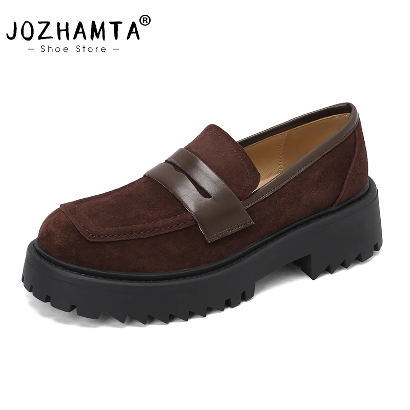 JOZHAMTA Vrouwen Casual Loafers Schoenen Vintage Echt Leer Dikke Hakken Platform Schoenen Klassieke 2025, Lente Kantoor Dame Maat 33-43