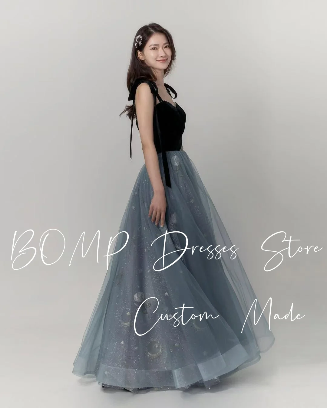 BOMP Contrast Blue Wedding Dress Bow Swetheart Floor Length Rulle Korea Photo Shoot Evening Bridal Gown Customized Elegant
