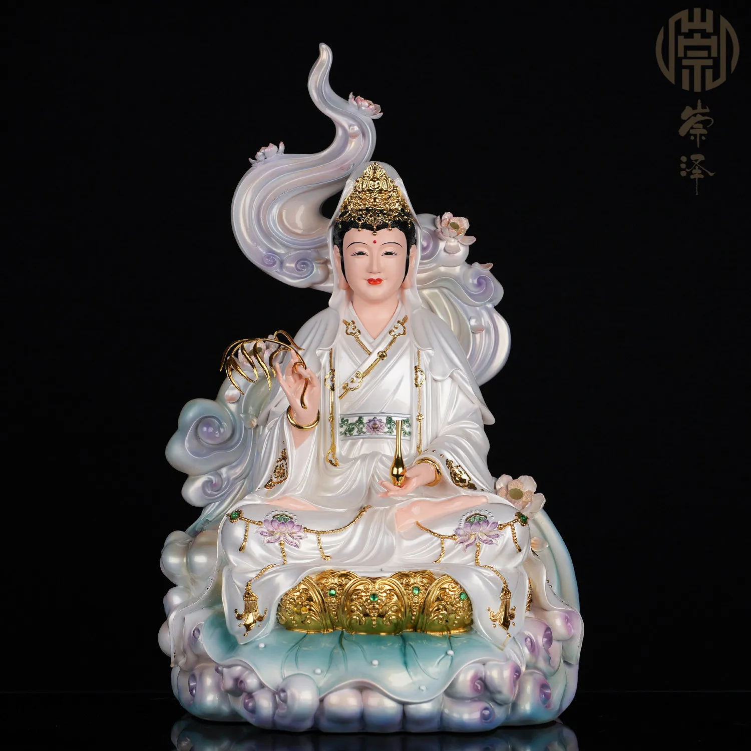 Cz guanyin  statue nanhai white clothes sitting lotus sending son guanyin queen household worship resin ornaments