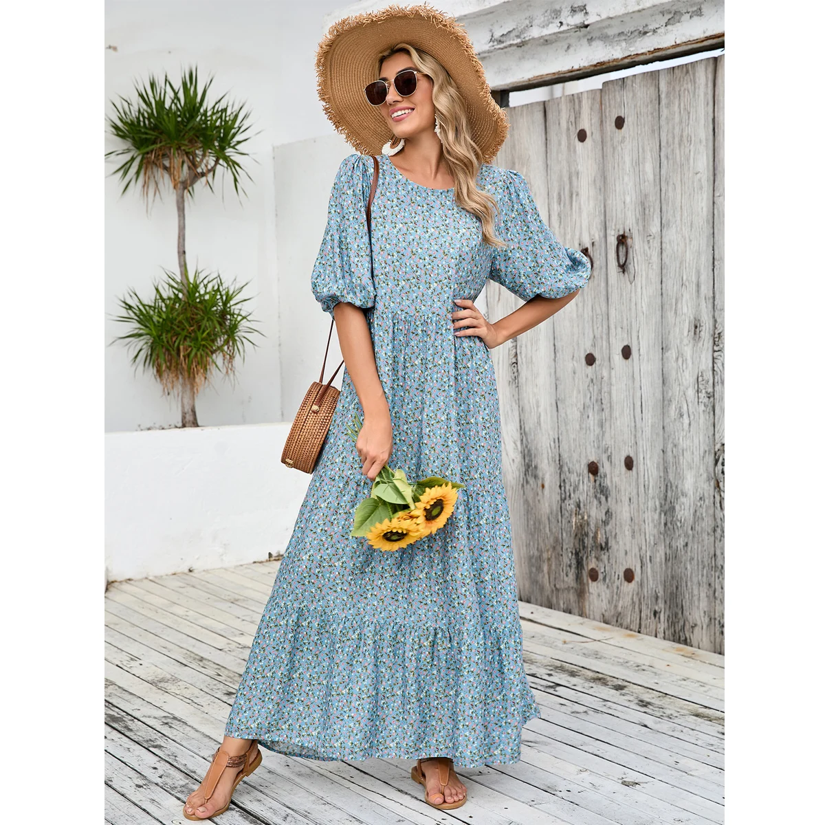 

New 2024 Summer Women Elegant Floral Short Sleeve Casual Slim Long Dress Party Vintage Y2k Streetwear